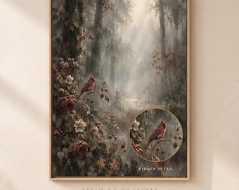 Hidden Cardinal in Misty Forest Floral Print, Autumn Wall Art (Digital Download)