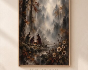 Witch Forest Printable Wall Art, Misty Autumn Woodland Cauldron Scene, Hidden Witch Digital Download