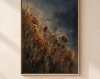 Decorazioni Dark Academia, stampe murali con fiori selvatici in stile dark, download di stampe floreali botaniche scure, decorazioni autunnali nei toni della ruggine e del blu navy, download digitale