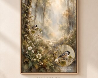 Hidden Chickadee Woodland Printable Wall Art, Sunlit Forest Stream Digital Download, Botanical Bird Decor
