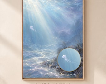 Hidden Jellyfish Wall Art, Dreamy Blue Underwater Ocean Printable, Serene Coastal Digital Download