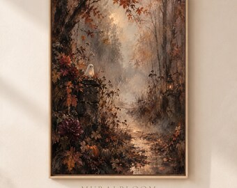 Witchy Decor, Hidden Ghost Autumn Forest Printable Wall Art, Moonlit Halloween Decor, Cozy Gothic, Digital Download
