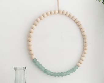 Wood Bead Wreath, Boho Bead Wreath, Sea Glass Wreath, Coastal Decor Wreath, Beach Glass Art, Large Sea Glass Beads, Sea Glass Decor