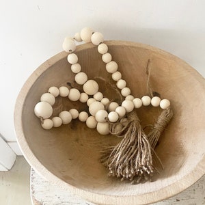 Wood bead Garland with tassels, Beaded Garland, Bohemian Decor, Boho Garland, Unfinished wood Beaded Rope, Beach House Decor