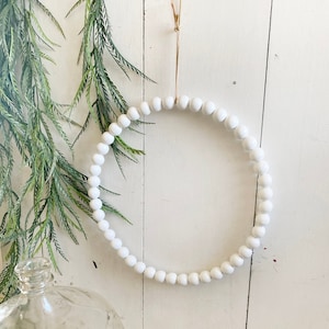 Large White Wreath, Hoop Wreath, Wood Bead Wreath, Everyday Wreath, Farmhouse Bead Wreath, Boho Beaded Wall Hanging