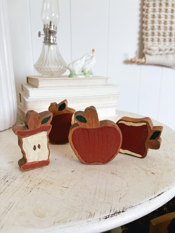 Vintage Hand Painted Folk Art Apples on Wood, Wooden Apples