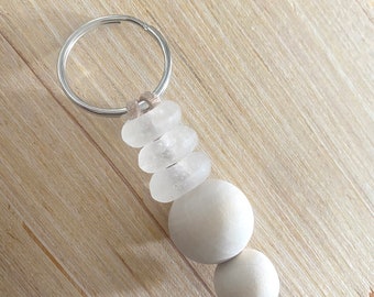 Coastal Sea glass Keychain, Car Accessories,Boho Keychain, Wood Keychain, Beach Glass, Beach Accessories for Women, Leather Keychain