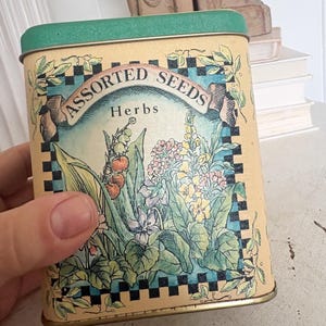 Vintage metal tin, herbs seed tin, spring garden collectable tin, homesteading storage, cottage core home decor accent,