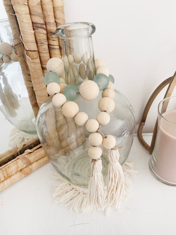 Macrame Wooden Bead Garland Tassels Boho Farmhouse