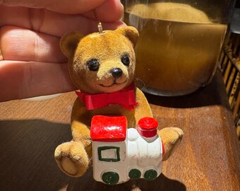Ornament, vintage fuzzy brown bear with wood train, Antique Christmas ornament, miniature flocked felt teddy bear with red bow