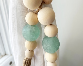 Curtain Tie Back, Curtain Holder, Coastal Farmhouse Curtain Tie, Sea Glass, Handcrafted Home Decor, Window Tie, Sea Glass Recycled Beads