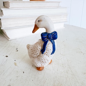 Blue bow Goose statue, Vintage 80s duck goose figurine, grandma core geese, small goose ornament, hanging goose, white duck