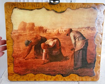 Placa de pared de madera vintage, Las espigadoras de Jean François Millet, arte de pared rústico para casa de campo, decoración de pared para pequeña galería.