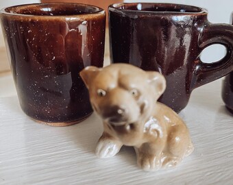 Miniature dog trinket, vintage little brown puppy, Antique shelf accent shadow box display animal, ceramic dollhouse dog, Hand Painted
