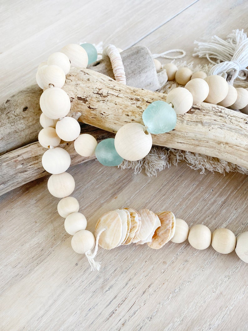 Wood bead Garland with Sea Glass Beaded Garland Bohemian Etsy