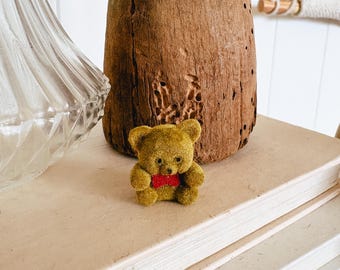 Trinkets, vintage fuzzy brown bear, Antique Vintage shelf accent curio shadow box display, miniature flocked felt teddy bear with red bow