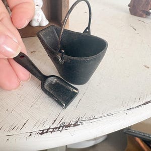 Vintage miniature cast iron coal scuttle bucket, shadow box trinket, mini dollhouse or salesman sample, shelf decor, tiny bucket
