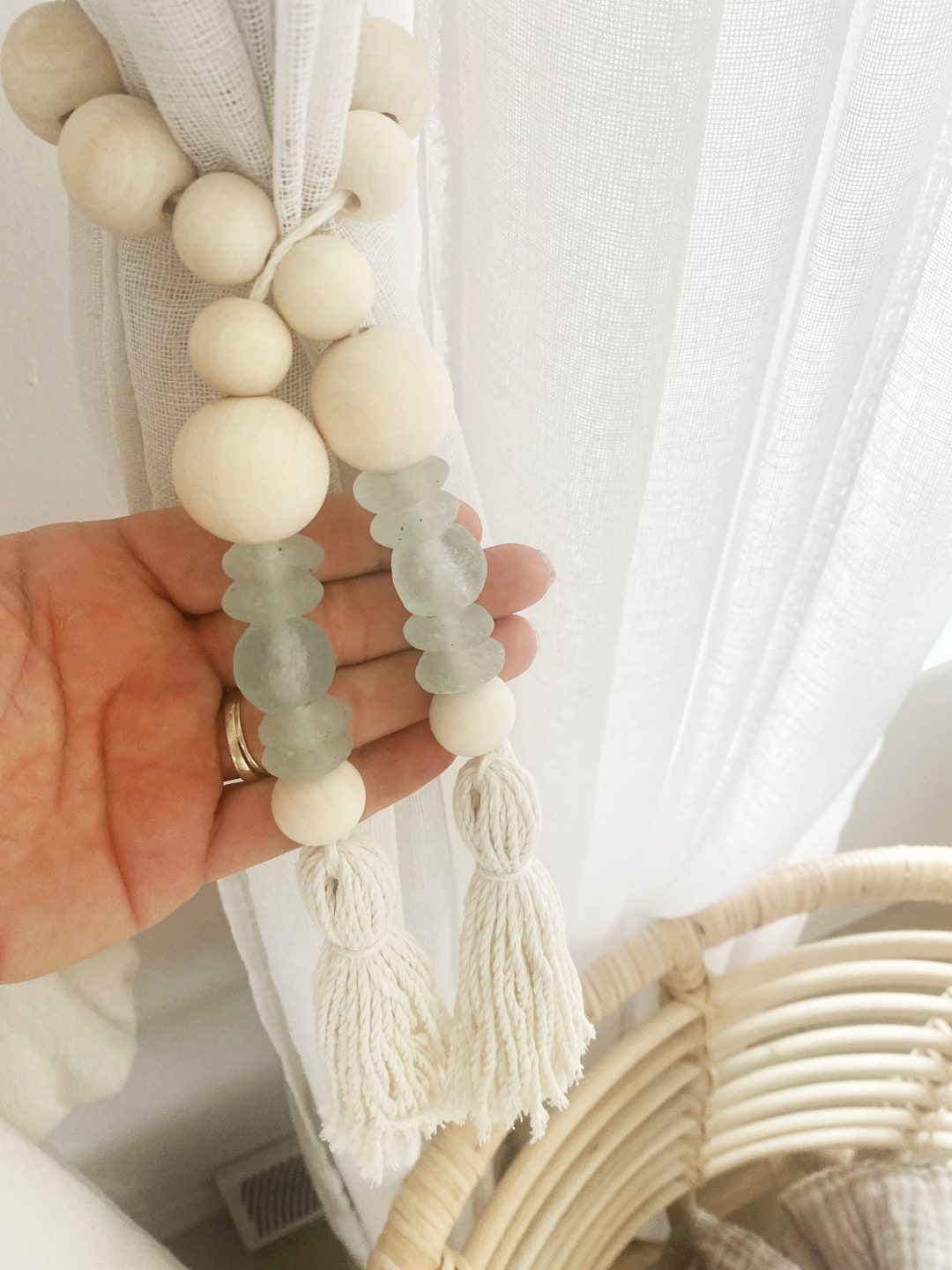 Curtain Tie Back, Boho Farmhouse Curtain Tie, Farmhouse Wood Beads, Sea