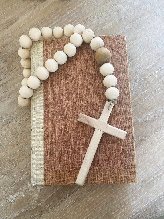 Wood Cross, Cross Wall Hanging, Wood Bead Garland Cross