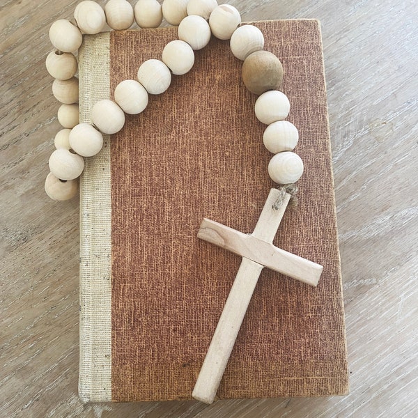 Wood Cross, Cross Wall Hanging, Wood Bead Garland Cross, Decorative Beads, Wood Prayer Beads, Bead Loop