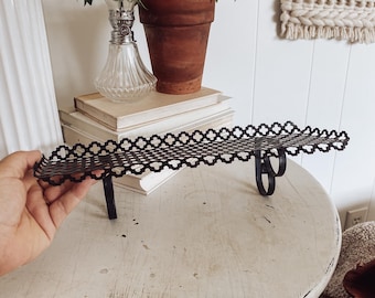 Vintage Metal wall shelf, Mid Century Modern shelf, Wall hanging Shelf, Filigree black pierced metal 70s home decor, small decorative shelf