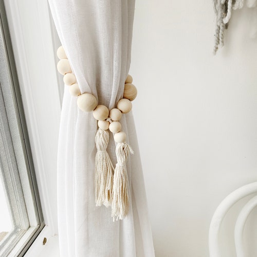 Boho Curtain Tie Backs With Wood Beads Etsy