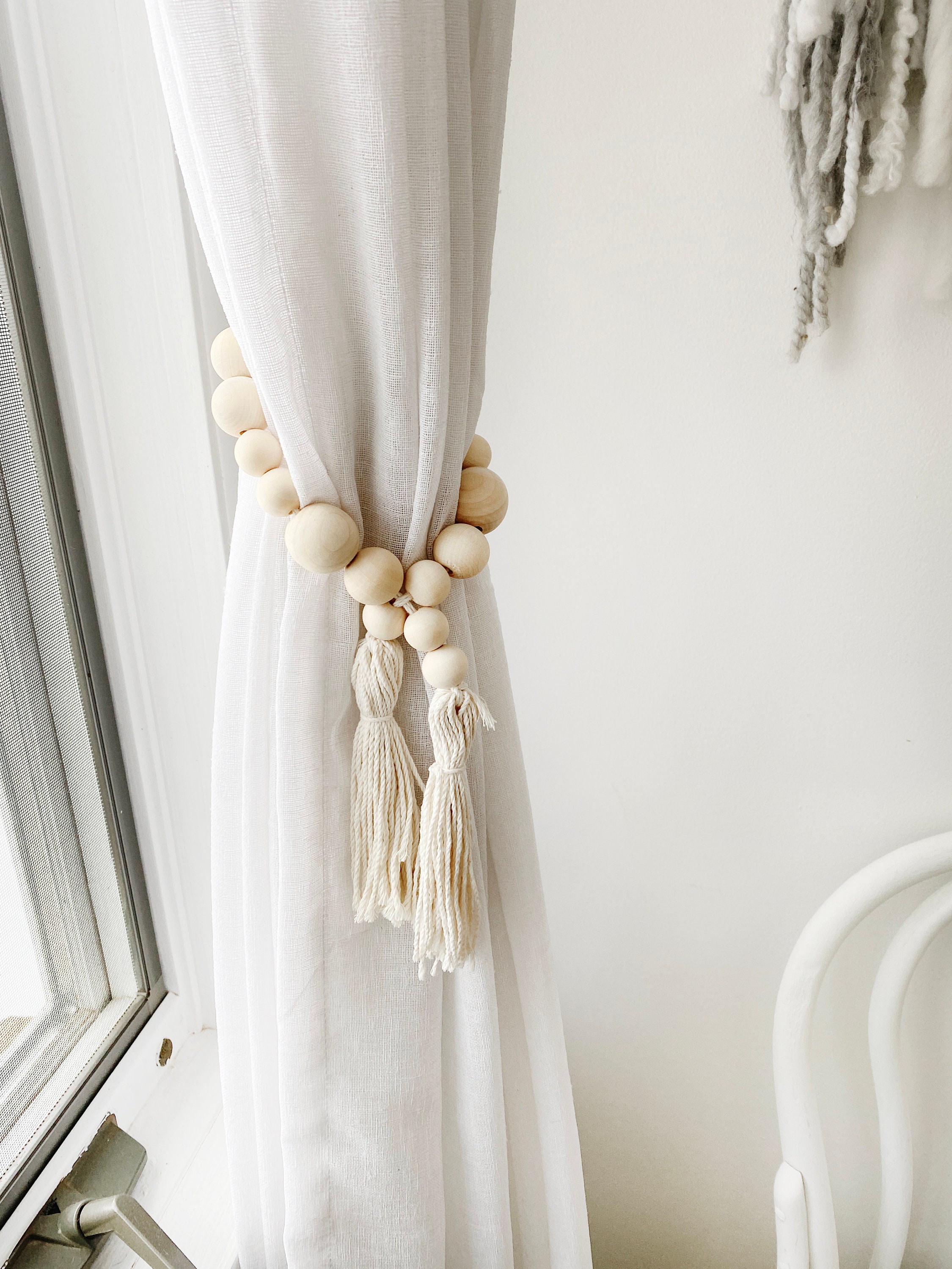 Farmhouse garland Natural wood drape tiebacks Boho decor wooden