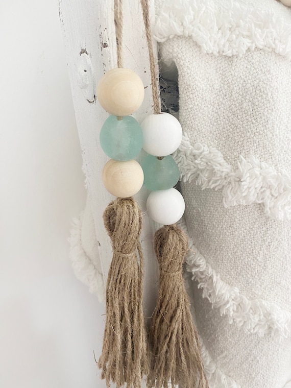 Boho Beach Decor, Sea Glass Decor, Farmhouse Coastal Decor, Boho Coastal Jute Decor Tassel, Decorative Bead, Stocking Hanging