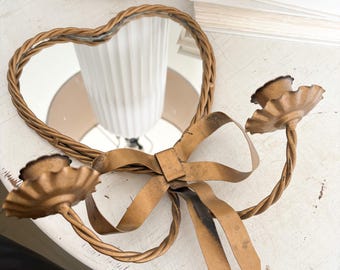Vintage solid brass twisted metal heart framed mirror candle holder with bow, Hollywood Regency Antique Home Decor, gold wall hanging heart