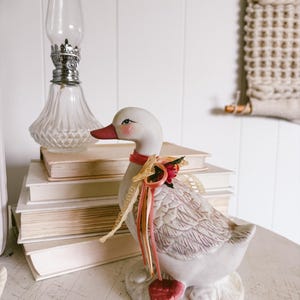 Vintage Ceramic Goose Statue: Pink Bow Grandma Core Decor