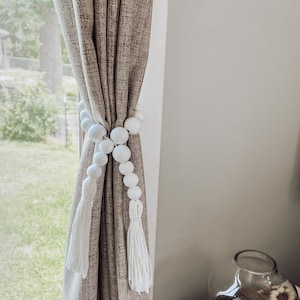 Curtain Ties, Curtain Panels, Boho Farmhouse curtains, Tie Backs, Wood Bead Curtain, Curtains, Window Decor, White curtain ties