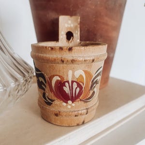 Trinkets, miniature norwegian antique bucket, tiny vintage wood bucket, folk art tole painting on wooden bucket, dollhouse mini,