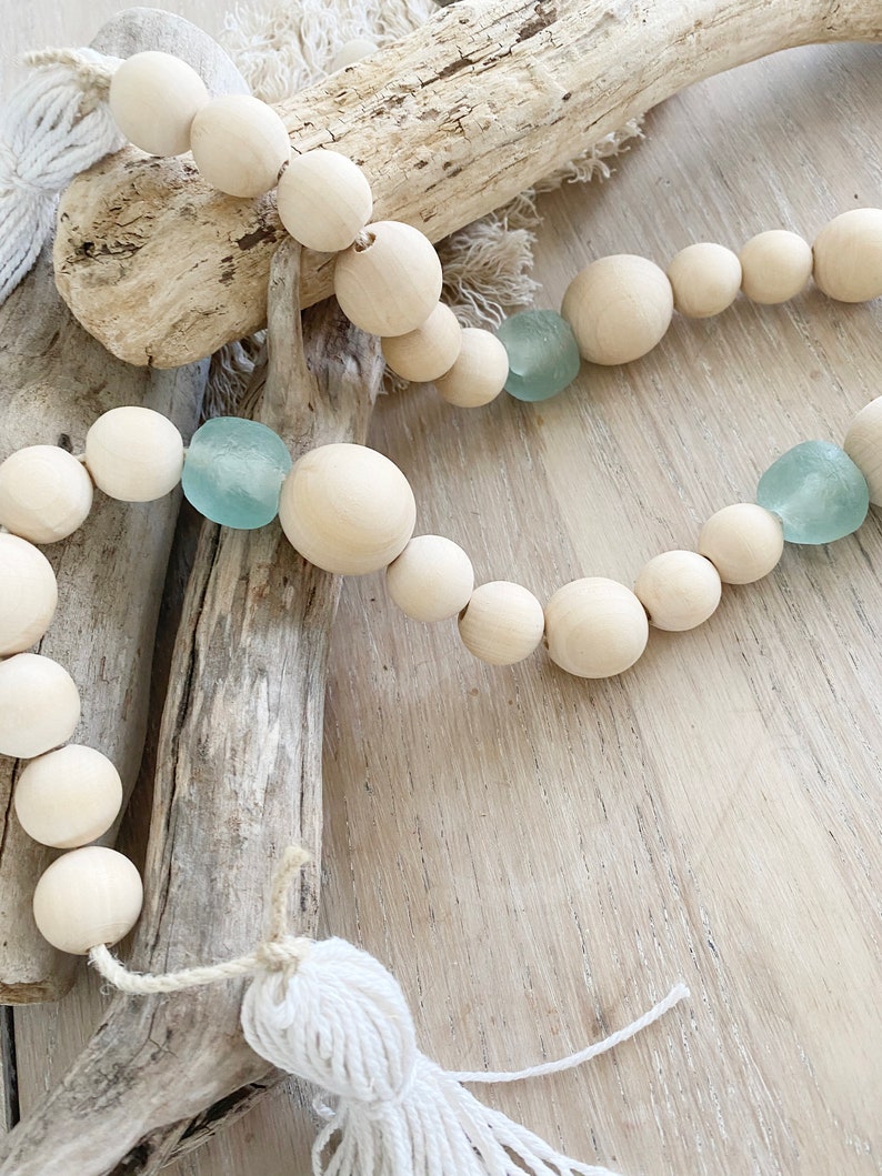 Wood bead Garland with Sea Glass Beaded Garland Bohemian Etsy