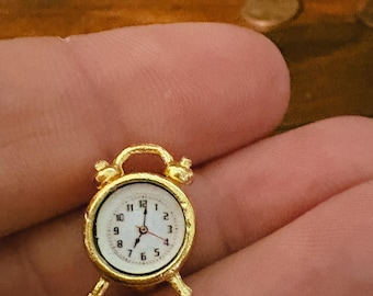 Small gold alarm clock miniature trinket, shelf accent curio shadow box mini clock, dollhouse clock, toy model clock
