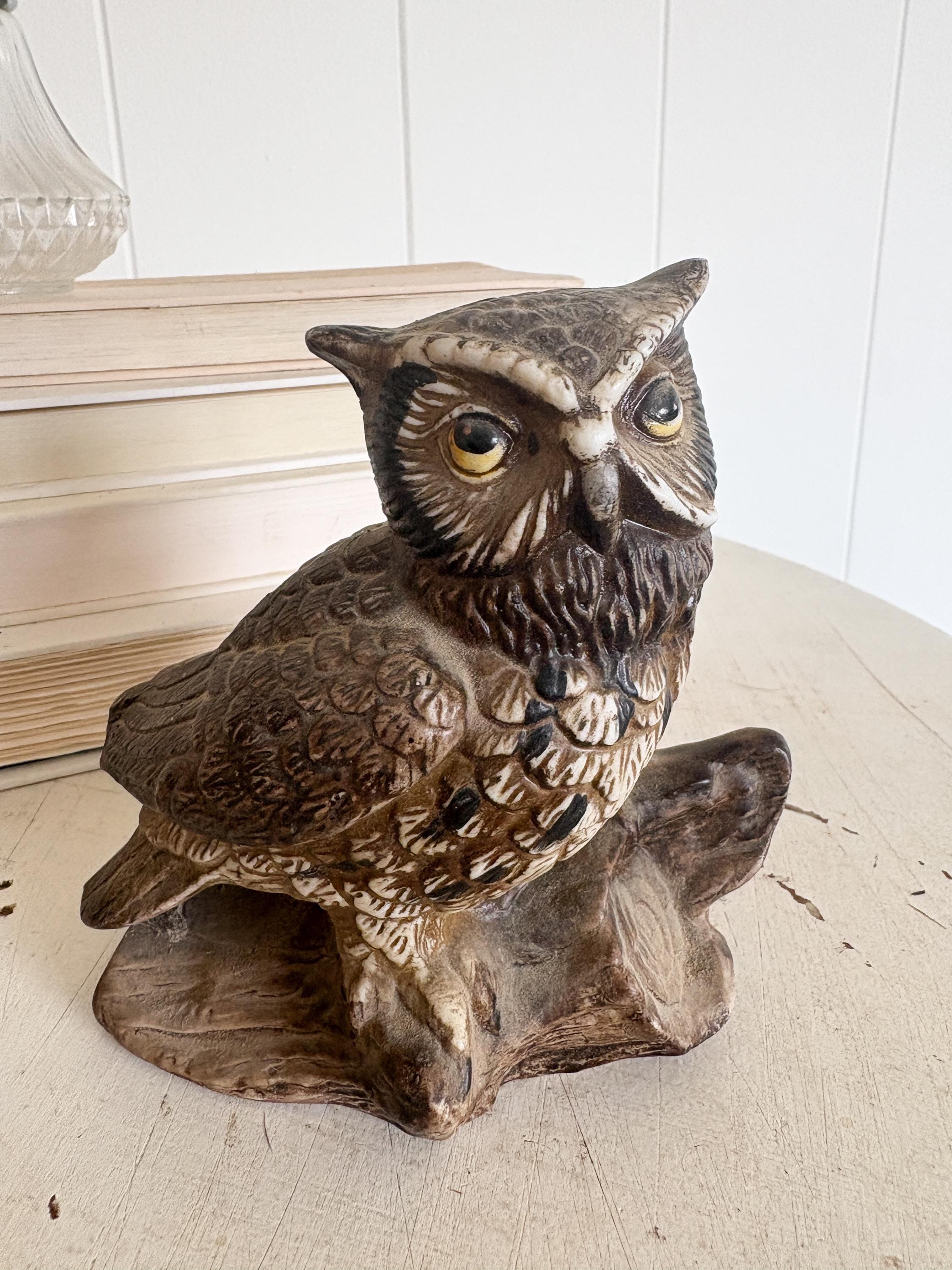 Carved owl figure sculpture, Vintage 70s Homco ceramic owl, Antique Home Decor, Owl figurine collect