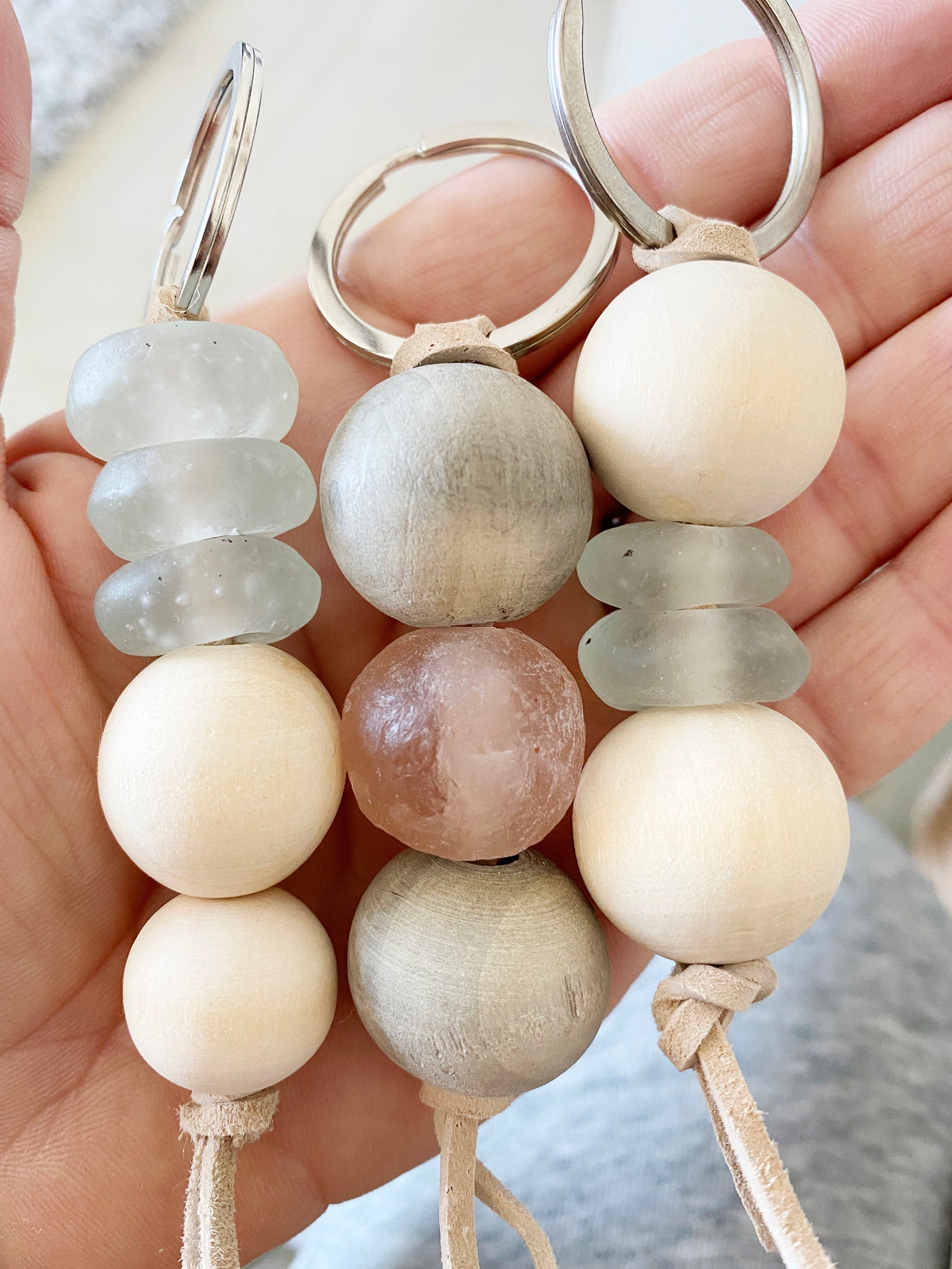 Sea Glass Bead Keychain Wood Bead Key Fob Boho Accessories Etsy