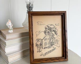 Antique framed home for sale illustration vintage Louis Slobodkin, primitive wall hanging art decor, shelf sitting framed house picture
