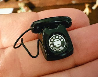 Black Rotary phone Trinket, miniature telephone, itsy bitsy shelf accent, tiny mini retro phone for shadow box or curio cabinet