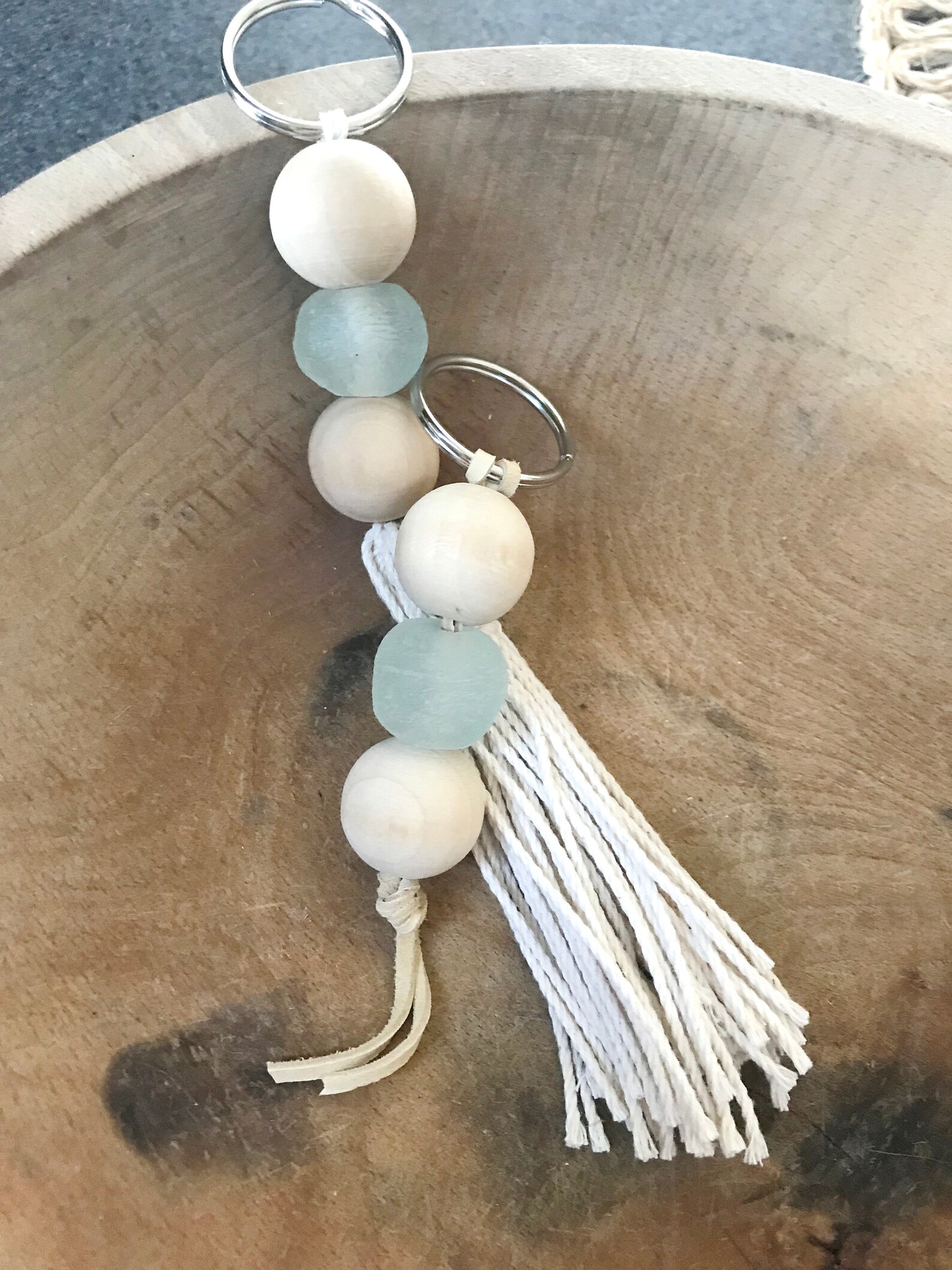 Sea Glass Bead Keychain Tassel Keychains Key Fob Wood Bead Etsy