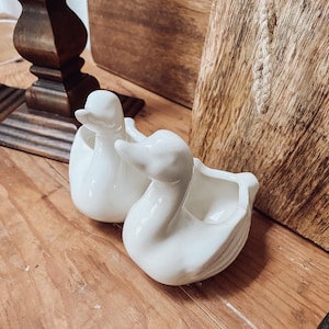 Small vintage ceramic swans, two white swan trinket dish, succulent planters, goose votive ring dishes, curio shelf accent, antique swans