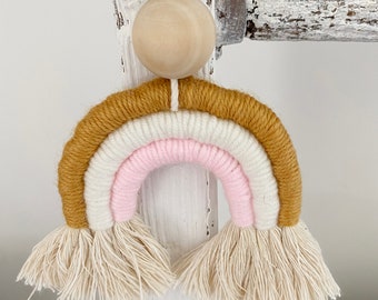 Boho Rainbow Macrame Wall Hanging | Handmade Nursery Decor With Wood Beads, 16"x10" Neutral Colors