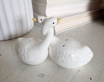 Set of vintage Japanese white ceramic salt and pepper shakers hugging geese   Cottage Core Kitchen decor