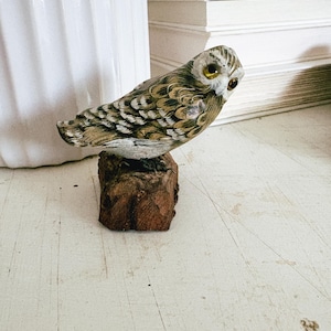 Wood hand carved painted owl, vintage Home Decor, Shelf Decor accent, wood bird figure, wooden owl and branch carving, folk art