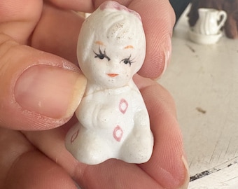 Vintage bisque porcelain baby Trinket, miniature girl, shadow box shelf accent, tiny mini vintage girl for curio cabinet