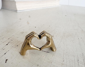 Brass trinkets, miniature heart hands, shelf accent shadow box display, mini brass hands trinket shelf decor, gift for best friends