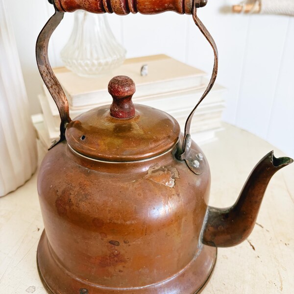 Antique Copper Tea Kettle with a wood handle: Farmhouse Kitchen Decor, Gooseneck Spout