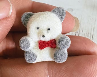 Vintage fuzzy gray bear, trinket shadow box teddy bear, 80s toy Antique accent curio, miniature flocked felt teddy bear with red bow