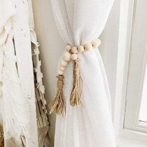 Boho Wood Bead Curtain Tie, Wood Bead Garland Tie Back, Farmhouse Curtain Tassel