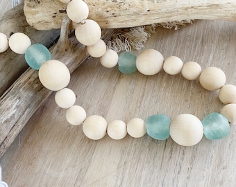 Wood bead Garland with Sea Glass, Beaded Garland, Bohemian Decor, Boho Garland, Sea Glass Beaded Rope, Beach House Decor