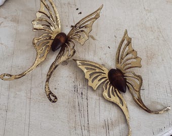 Mid Century Modern Decor, Vintage Brass and teak wood butterflies, set of 2, gold Brass figures for sitting or wall hanging home decor